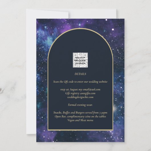 Invitation Galaxy Starry Nuit violet bleu Mariage or (Dos)