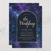 Invitation Galaxy Starry Nuit violet bleu Mariage or (Devant / Derrière)