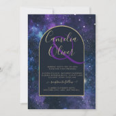 Invitation Galaxy Starry Nuit violet bleu Mariage or (Devant)