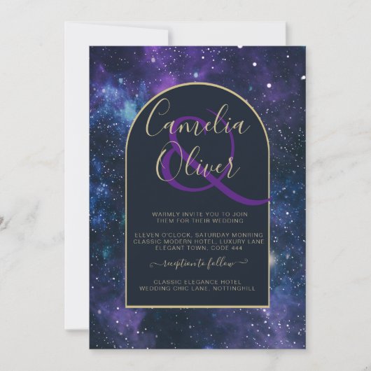 Invitation Galaxy Starry Nuit violet bleu Mariage or (Devant)