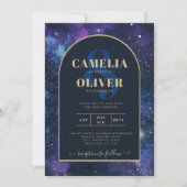 Invitation Galaxy Starry Nuit violet bleu Mariage or (Devant)