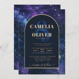 Invitation Galaxy Starry Nuit violet bleu Mariage or