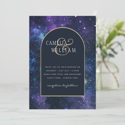 Invitation Galaxy Starry Nuit violet Mariage bleu (Debout devant)