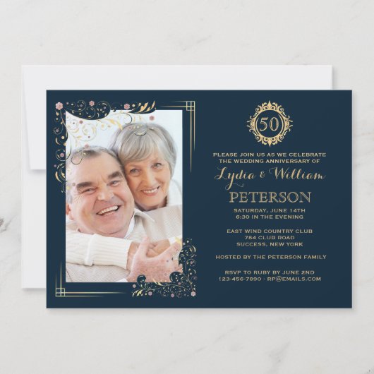 Invitation Galded Corners Photo Golden Anniversaire Invitatio (Devant)
