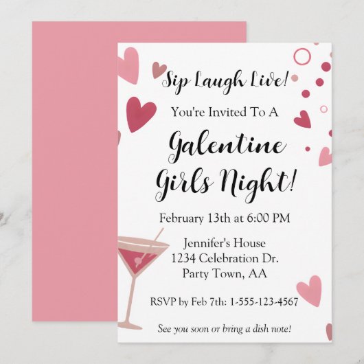 Invitation Galentine Filles Soirée Martini Rose (Devant / Derrière)