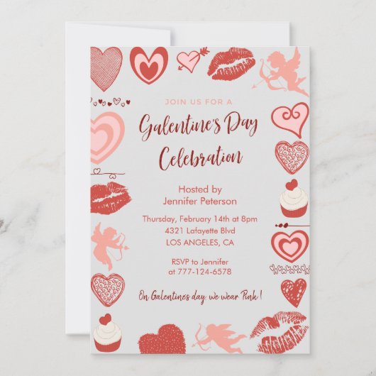 Invitation Galentine rose et rouge brunch coeurs (Devant)