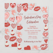 Invitation Galentine rose et rouge brunch coeurs (Devant / Derrière)