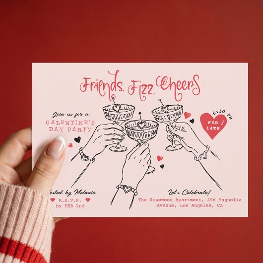 Invitation Galentine’s Pink Red Hand Drawn Cocktail Party
