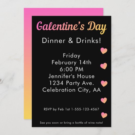 Invitation Galentines Day Dinner Drinks Pink Black Party (Devant / Derrière)