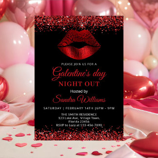 Invitation Galentine's Day Night Out Red Glitter Lips