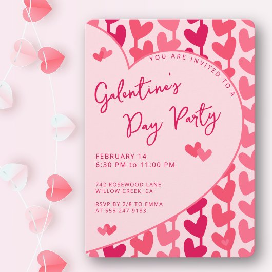 Invitation Galentine's Day Party Red Pink Hearts Modern 