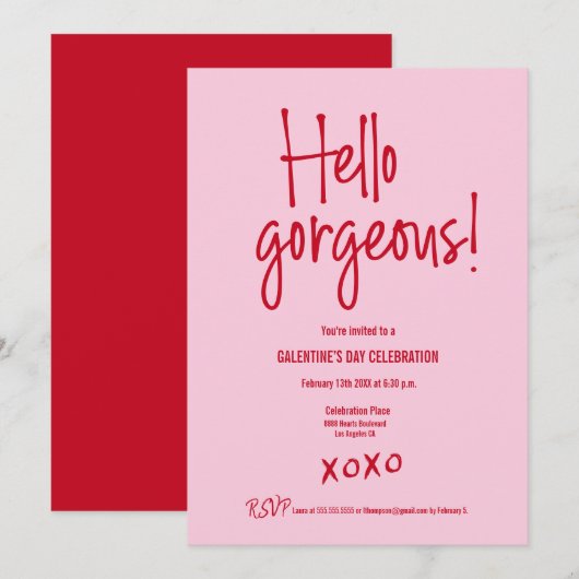 Invitation Galentine's Day PINK RED Hello gorgeous XOXO (Devant / Derrière)