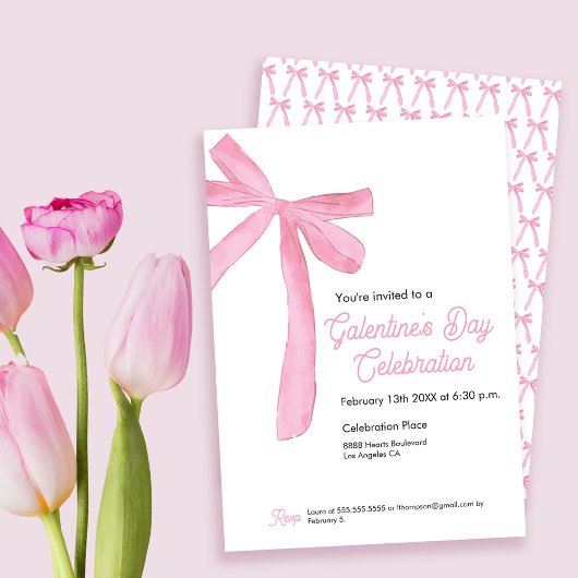 Invitation Galentine's day Pink Ribbon Bow Girly moderne