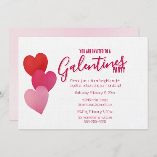Invitation Galentines Party with 3 Hearts (Devant / Derrière)