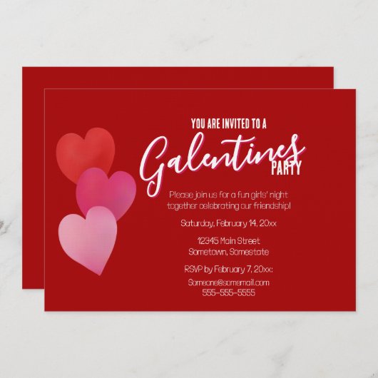 Invitation Galentines Party with 3 Hearts on Red (Devant / Derrière)