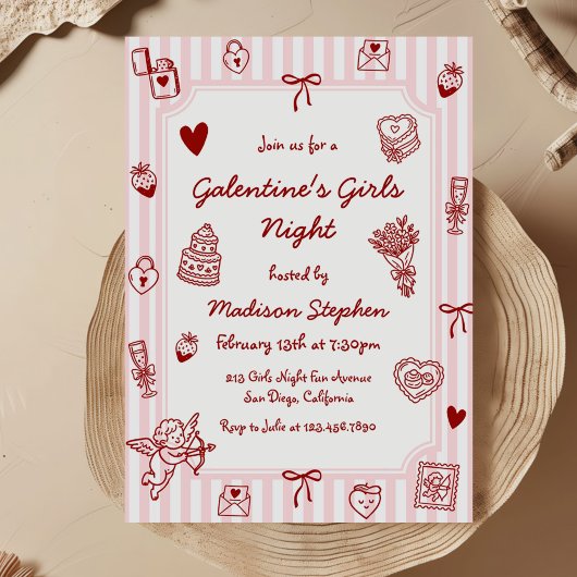 Invitation Galentine's Pink Red Hand Drawn Girls Night Party