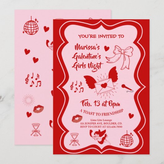 Invitation Galentine's Pink Red Hand Drawn Night Party (Devant / Derrière)
