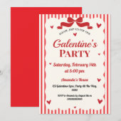Invitation Galentines Valentines Party Coquette Bow Red Heart (Devant / Derrière)
