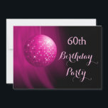 Invitation Galerie de soirée Hot Pink 60th Birthday Disco Bal<br><div class="desc">Elégante double face 60e anniversaire invitations de fête pour les femmes et les filles. Avec une belle image d'une boule de miroirs rétro rétro rétro en suspension, funky et brillant, imprimé sur un arrière - plan romantique rose et noir ondulé. L'inverse de ces invitations féministes de fête d'anniversaire a les...</div>