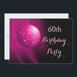 Invitation Galerie de soirée Hot Pink 60th Birthday Disco Bal<br><div class="desc">Elégante double face 60e anniversaire invitations de fête pour les femmes et les filles. Avec une belle image d'une boule de miroirs rétro rétro rétro en suspension, funky et brillant, imprimé sur un arrière - plan romantique rose et noir ondulé. L'inverse de ces invitations féministes de fête d'anniversaire a les...</div>