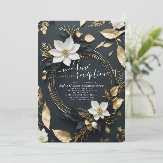 Invitation Galerie Florale d'or blanc Réception de mariage (Debout devant)
