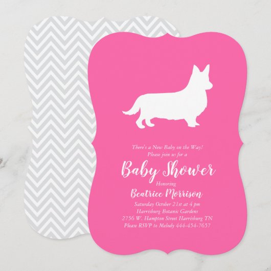 Invitation Gallois Corgi Baby shower fille rose (Devant / Derrière)