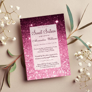 Invitation Galm girly rose bordeaux parties scintillant bokeh