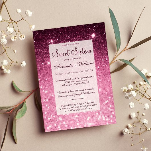 Invitation Galm girly rose bordeaux parties scintillant bokeh
