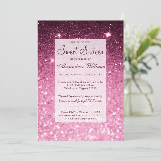 Invitation Galm girly rose bordeaux parties scintillant bokeh (Debout devant)