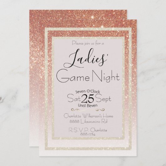 Invitation Game Night Rose Blush et Gold Parties scintillant (Devant / Derrière)