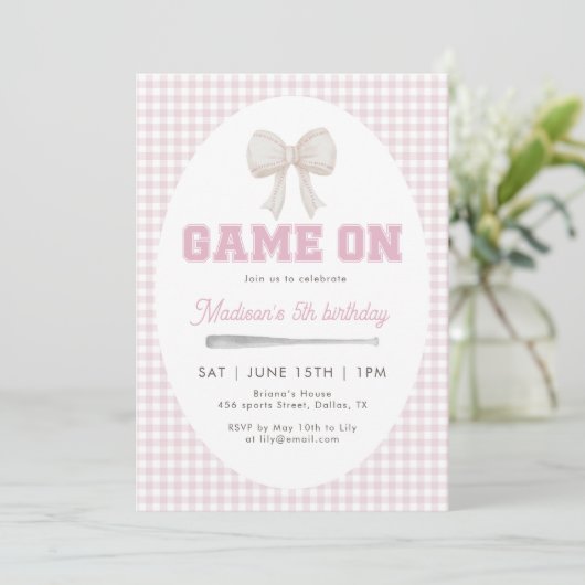 Invitation Game On Baseball Bow Pink Gingham Preppy 5th (Debout devant)