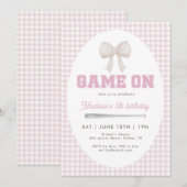 Invitation Game On Baseball Bow Pink Gingham Preppy 5th (Devant / Derrière)