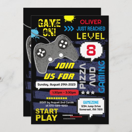 Invitation Game On! Console Joystic Anniversaire Fête Invitat (Devant / Derrière)