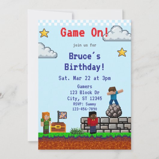 Invitation Game On! Pixel Block Game Birthday (Devant)