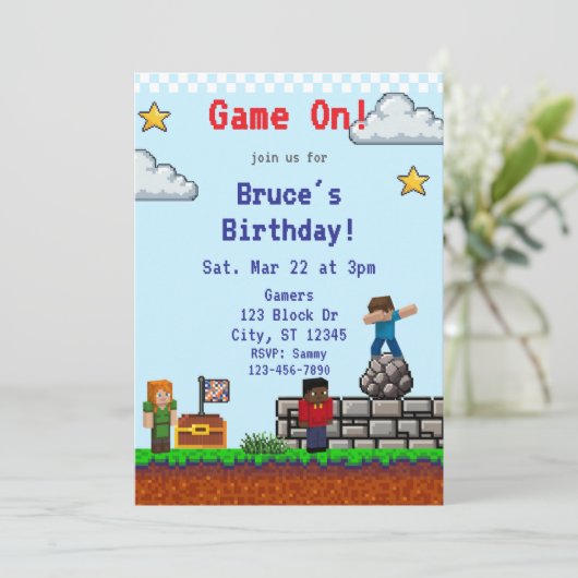 Invitation Game On! Pixel Block Game Birthday (Debout devant)