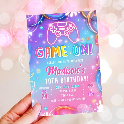 Invitation Game On Videogame Arcade VR Neon Girl Birthday