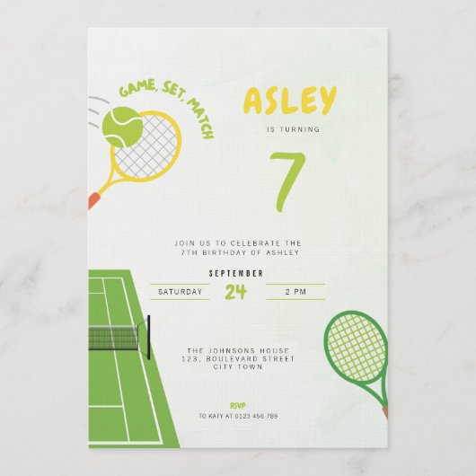Invitation Game, Set, Match Tennis Party Trendy 7th Birthday (Devant)