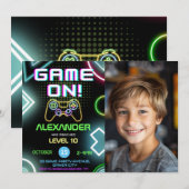 Invitation Gamer Boy 10th Neon Gaming Birthday Photo (Devant / Derrière)