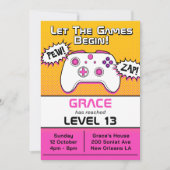 Invitation Gamer Girl Pink Yellow Controller 13e anniversaire (Devant)