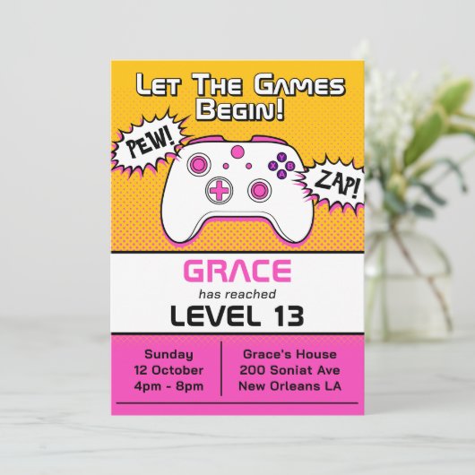 Invitation Gamer Girl Pink Yellow Controller 13e anniversaire (Debout devant)
