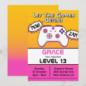 Invitation Gamer Girl Pink Yellow Controller 13e anniversaire (Devant / Derrière)