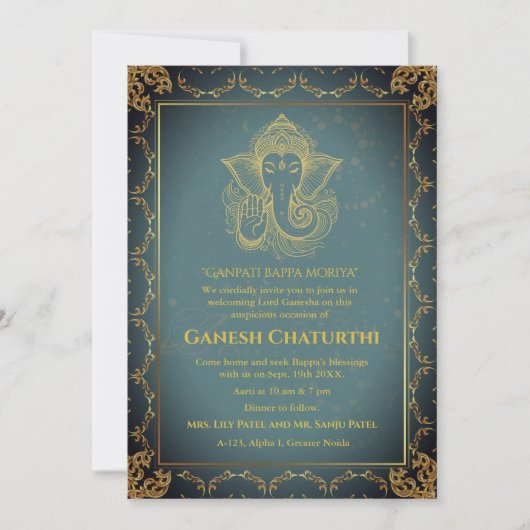 Invitation Ganesh Chaturthi Puja Roya Eléments dorés (Devant)