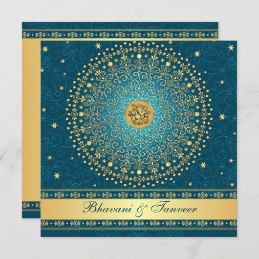 Invitation Ganesh indou Teal, or met en rouleau l'invitation (Devant / Derrière)
