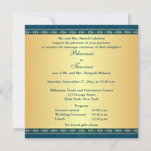 Invitation Ganesh indou Teal, or met en rouleau l'invitation (Dos)