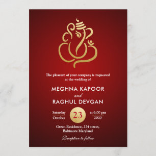 Invitation Ganesha d'huile d'or classique Faux/Mariage rouge
