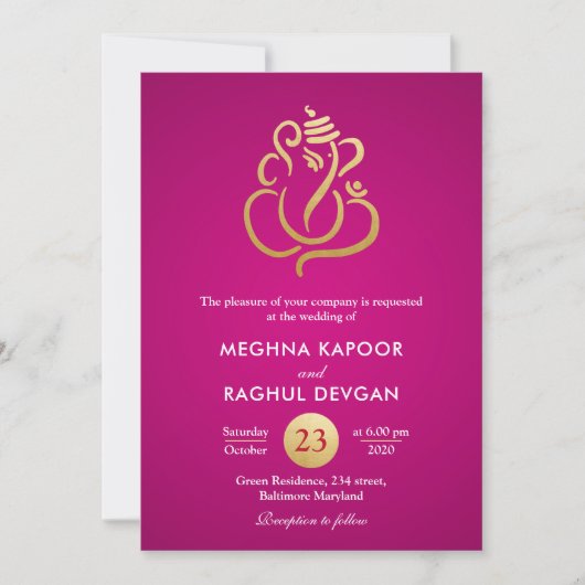 Invitation Ganesha d'or Faux Classic/Mariage rose indien (Devant)