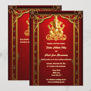 Invitation Ganesha d'or rouge indien hindi mariage hindou