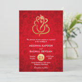 Invitation Ganesha/Faux d'or indien Mariage damassé rouge (Debout devant)