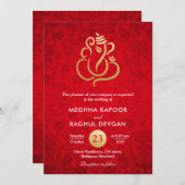 Invitation Ganesha/Faux d'or indien Mariage damassé rouge (Devant / Derrière)