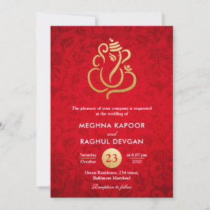 Invitation Ganesha/Faux d'or indien Mariage damassé rouge